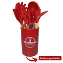 VERMELHO - Conjunto de Utensílios de Cozinha 12 Peças - Silicone e Cabo de Madeira