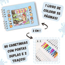 (Transparente) Kit Livro Colorir URSO BOBO (Azul) + 80 Canetas - Com Maletinha